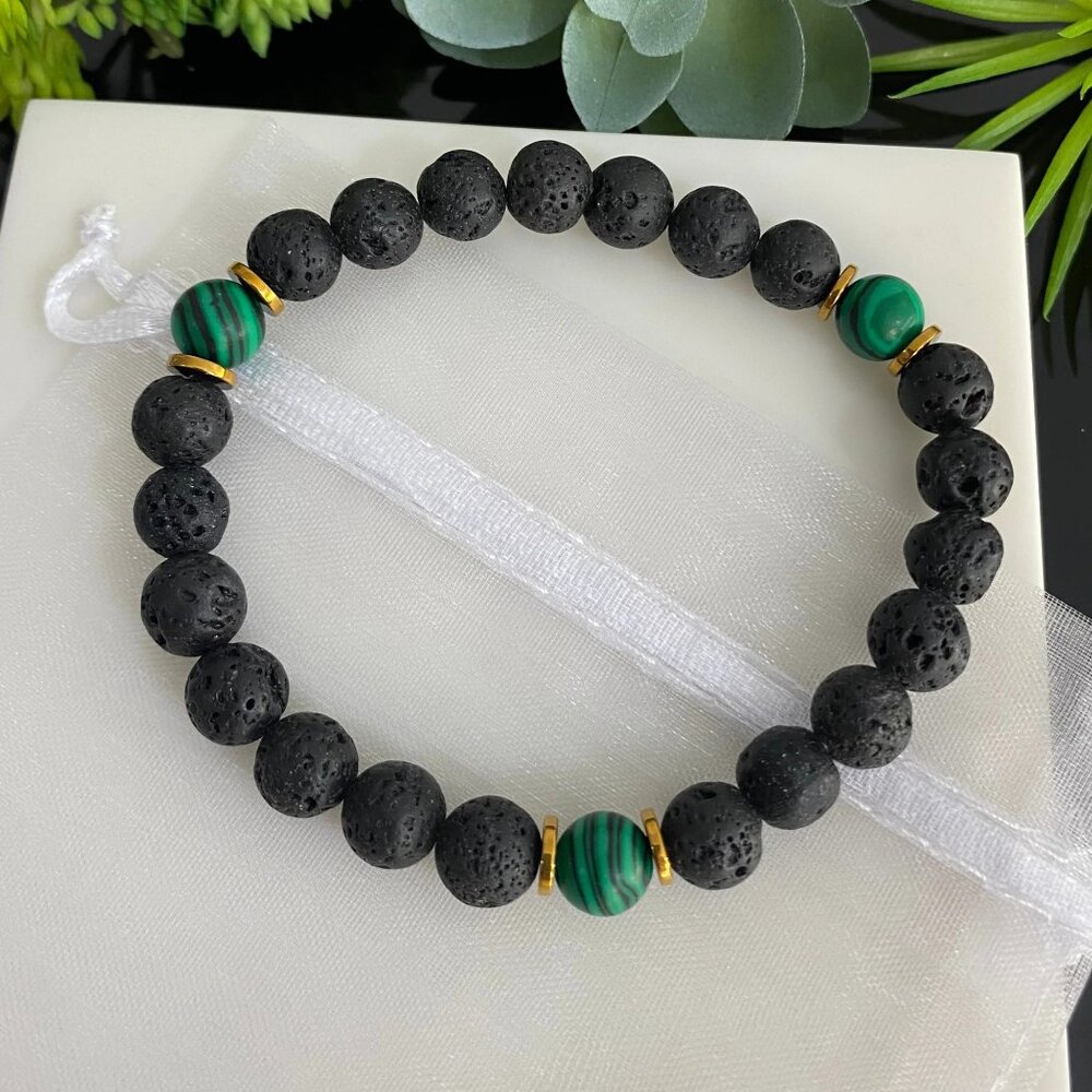 Diffuser Bracelet, Black Lava & Malachite Beaded Bracelet with Gold Plated